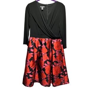 Muse‎ Black and Red A-Line Floral Dress V-Neck 3/4 Sleeve Size 6